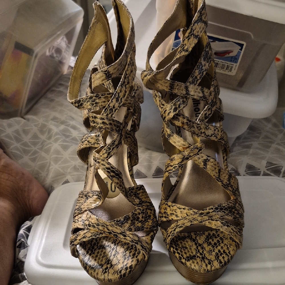 Dollhouse Snakeskin Strappy Heels